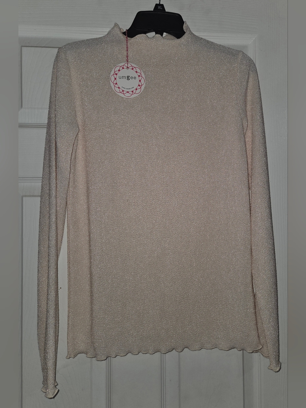 Women's Umgee Pale Cream Shimmery Mock Neck Long Sleeve Top Blouse